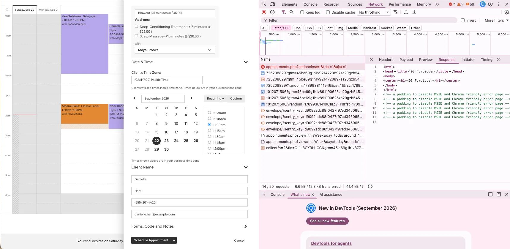 Browser developer tools showing a request to appointments.php action insert returning HTTP 403 Forbidden with a raw server error page as the body