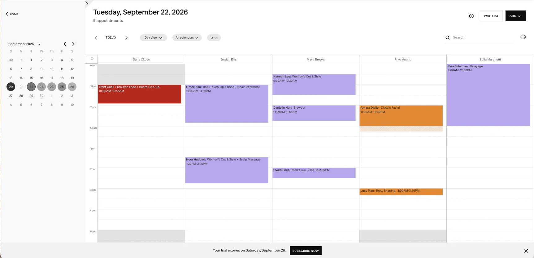 Acuity calendar day view with one named column per provider, off-days greyed and padding shown hatched