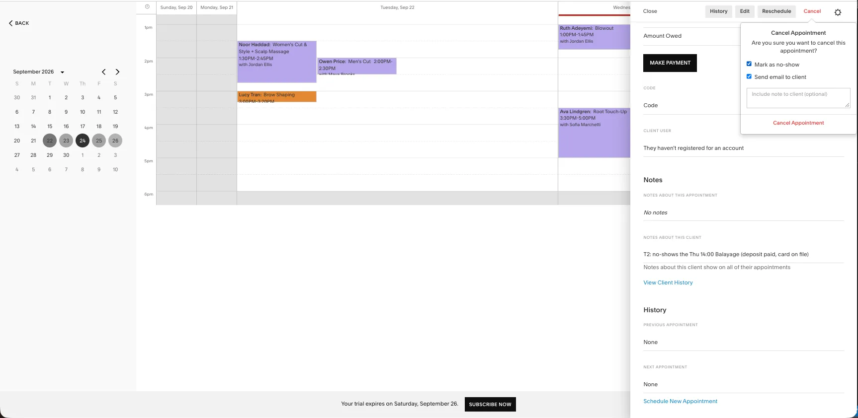 Acuity cancel appointment dialog with a Mark as no-show checkbox ticked and a Send email to client checkbox, with no fee or policy text