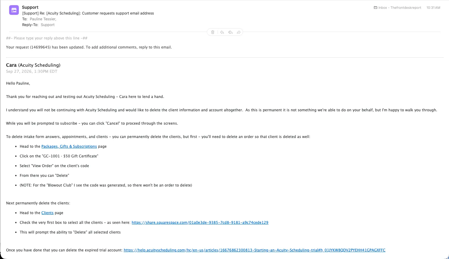 Acuity support reply explaining that account deletion is permanent and cannot be done on the customer's behalf, followed by three self-serve steps: delete the gift certificate order, delete all clients, then delete the expired trial account