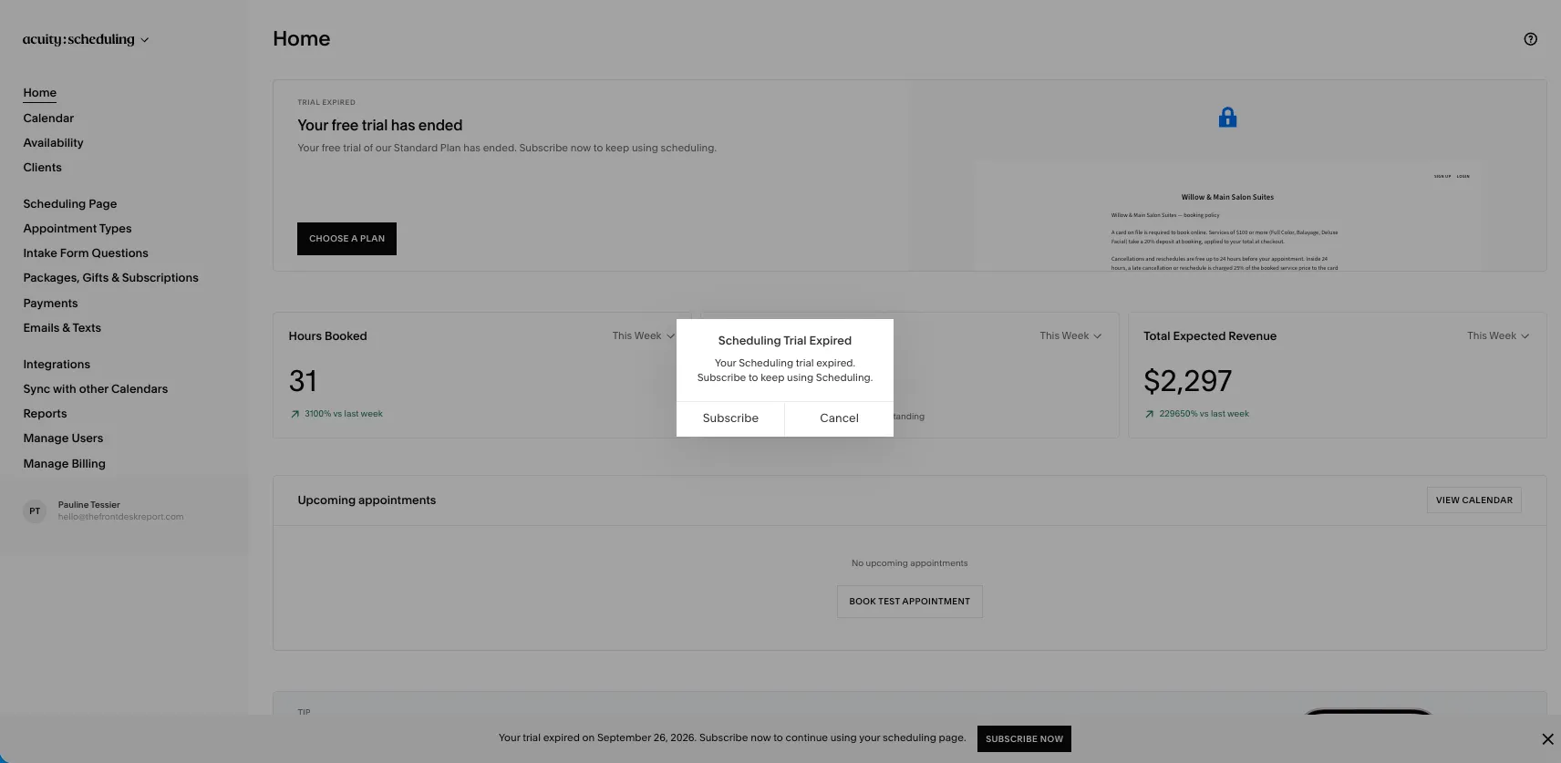 Acuity dashboard behind a modal reading Scheduling Trial Expired, your Scheduling trial expired, subscribe to keep using Scheduling, with Subscribe and Cancel buttons