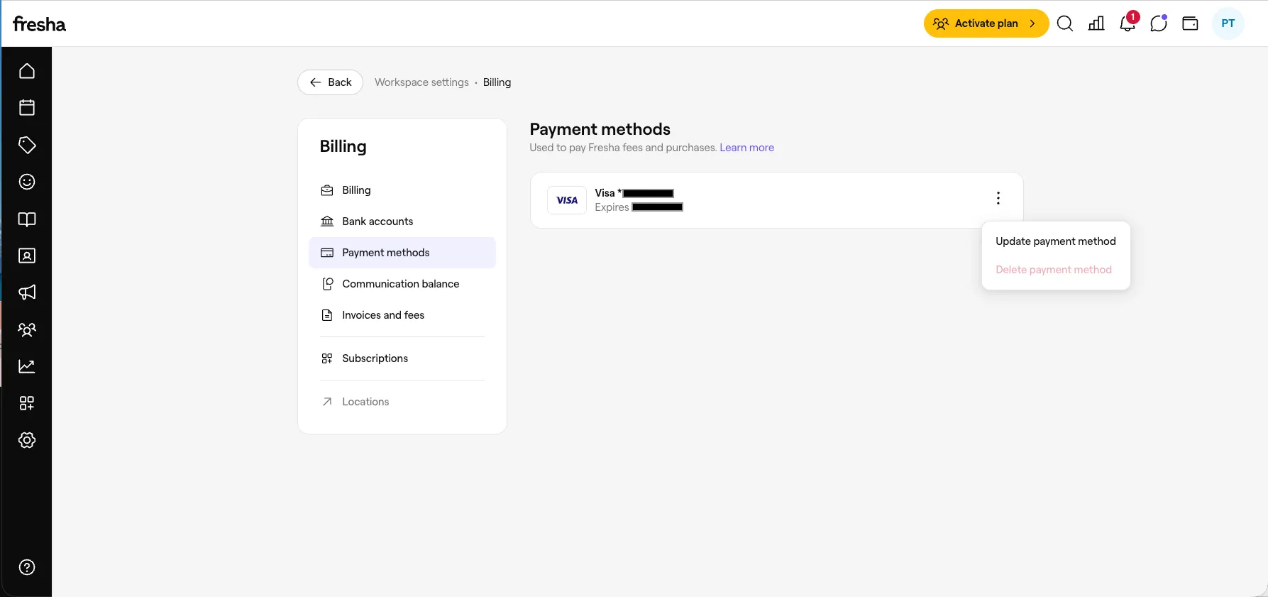 Fresha billing payment methods page showing a saved Visa card with a menu offering Update payment method and a greyed-out Delete payment method option
