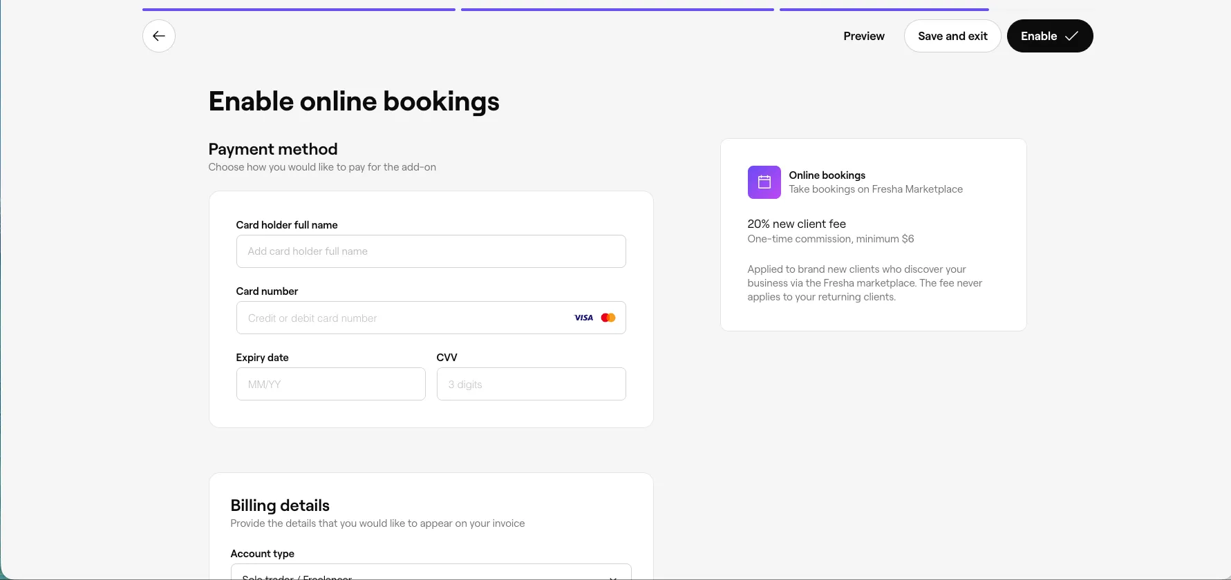 Fresha Enable online bookings screen asking for a card holder name, card number, expiry and CVV, with a side panel explaining the 20% new client fee with a $6 minimum