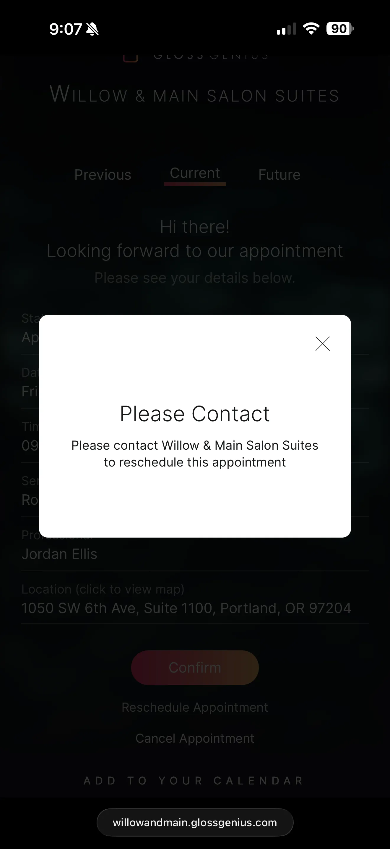 GlossGenius client dialog telling the client to contact the salon to reschedule, with no policy shown and no contact details