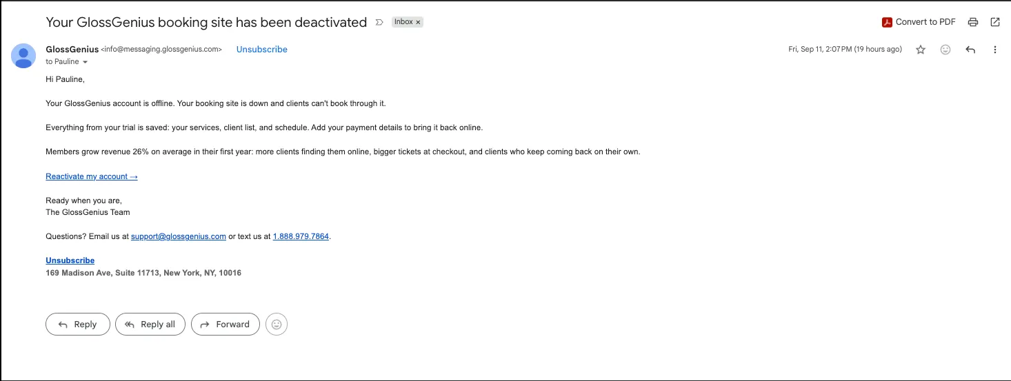 GlossGenius plain-text email titled Your GlossGenius booking site has been deactivated, stating that everything from the trial is saved including services, client list and schedule, and inviting the owner to add payment details to bring it back