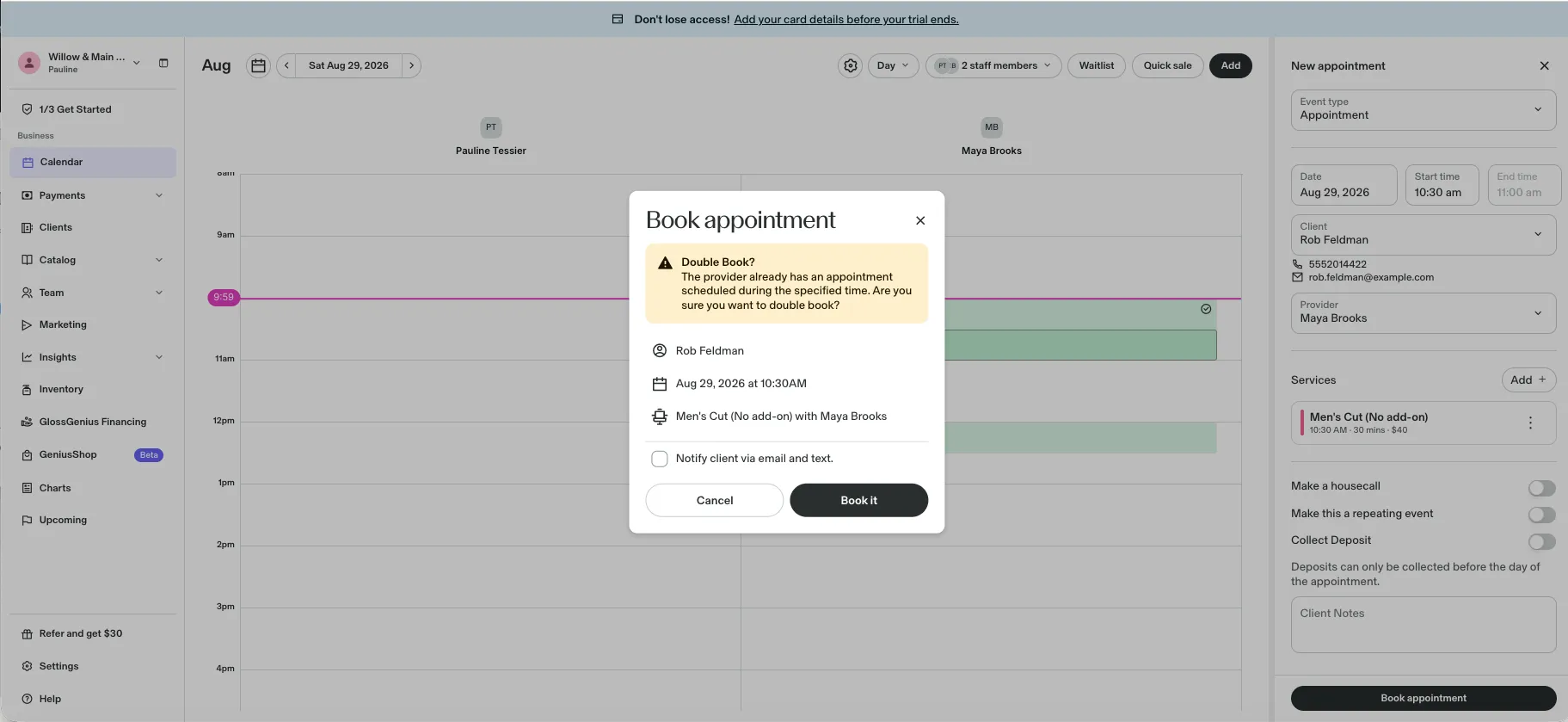 GlossGenius Double Book warning dialog asking for explicit confirmation before booking into an occupied slot