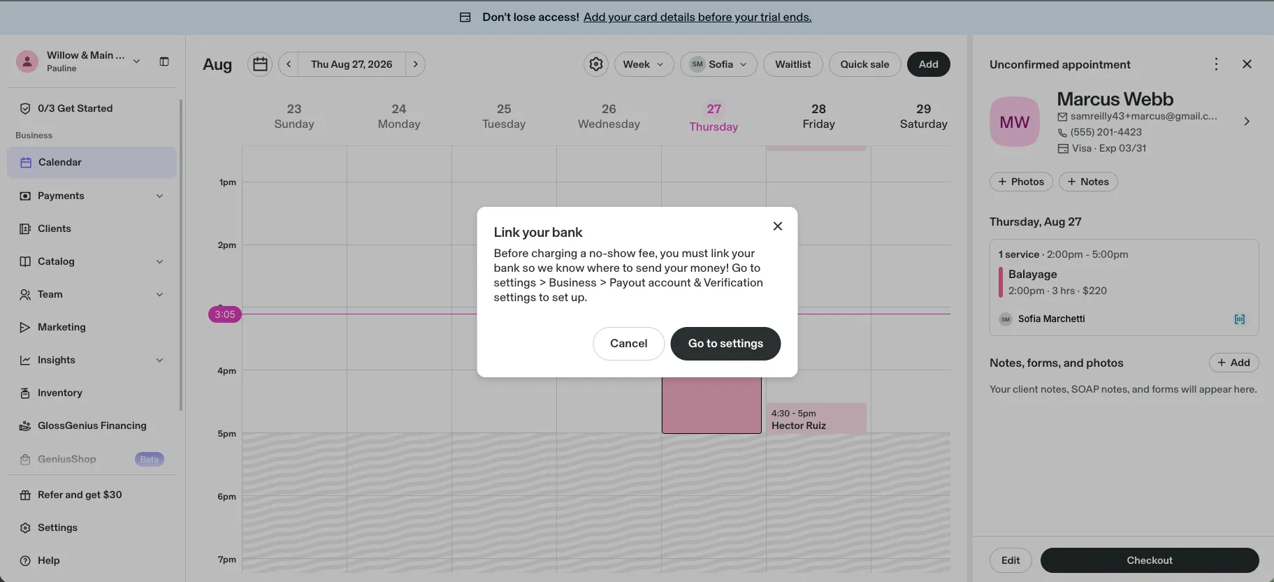 GlossGenius no-show flow interrupted by a Link your bank prompt before any fee amount is shown
