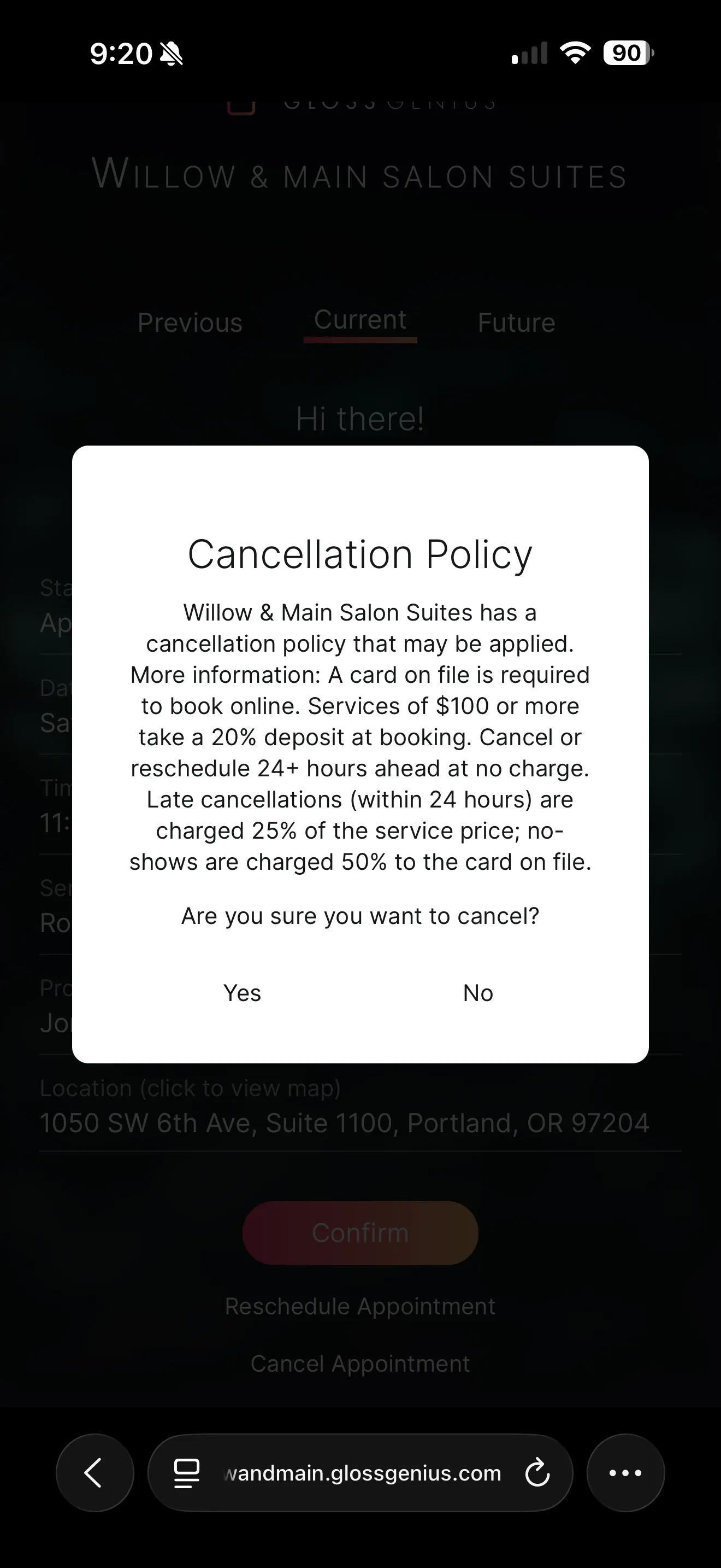 GlossGenius client cancellation dialog showing the full cancellation policy when cancelling more than 24 hours ahead