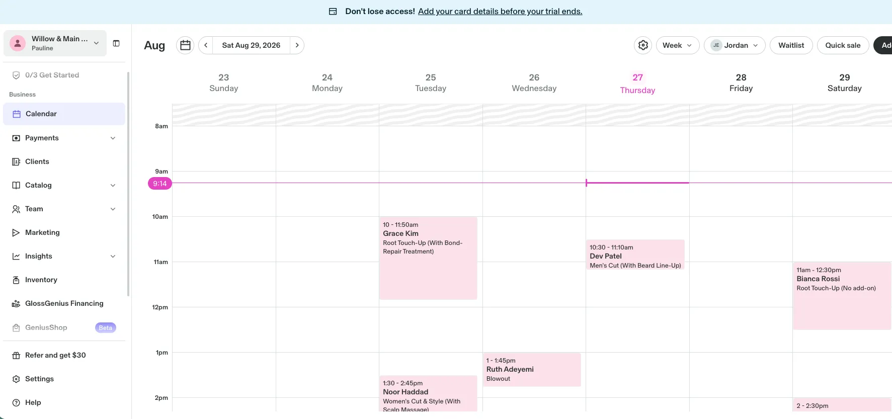 GlossGenius calendar with a banner reading Don’t lose access, add your card details before your trial ends