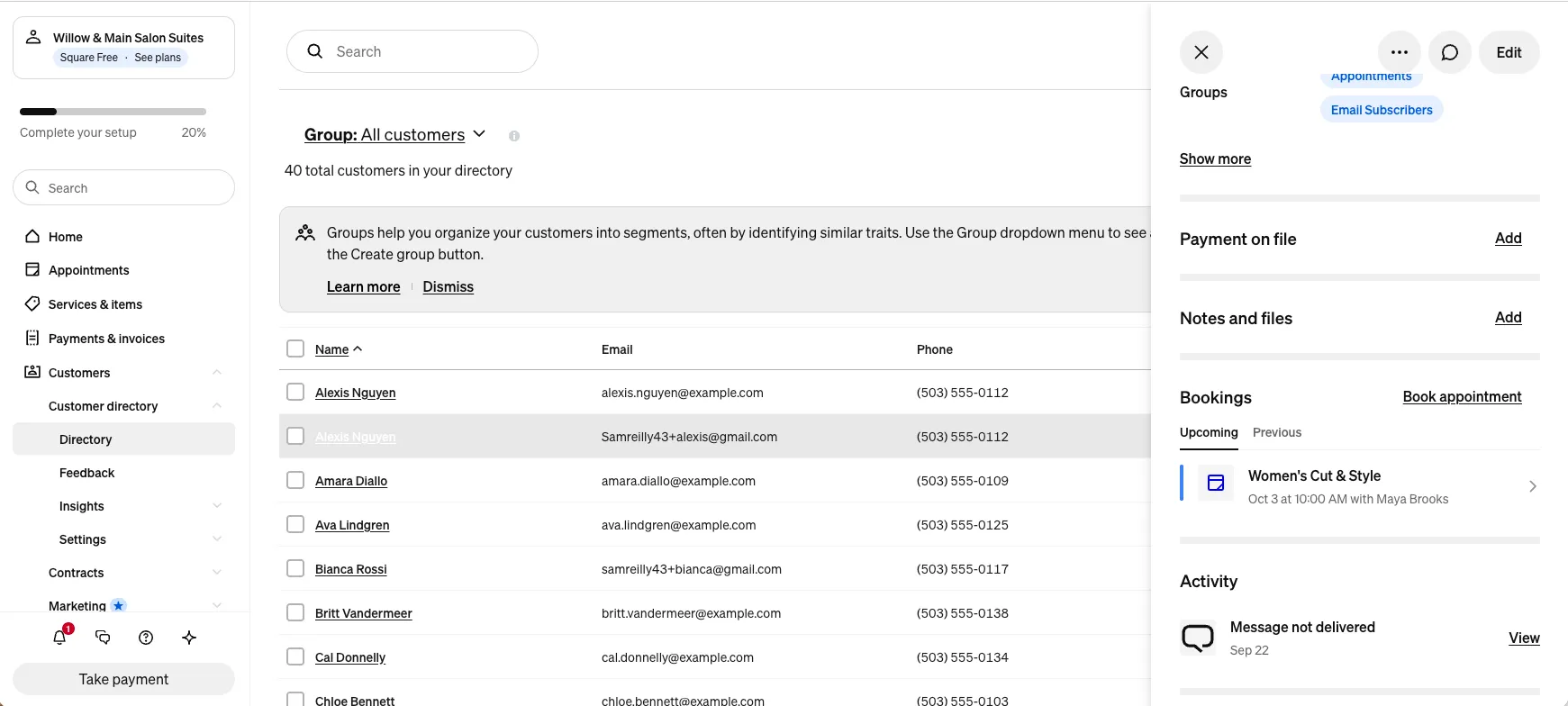 Square customer record activity section showing a single entry, Message not delivered on September 22, with no entry for the reminder due on October 2