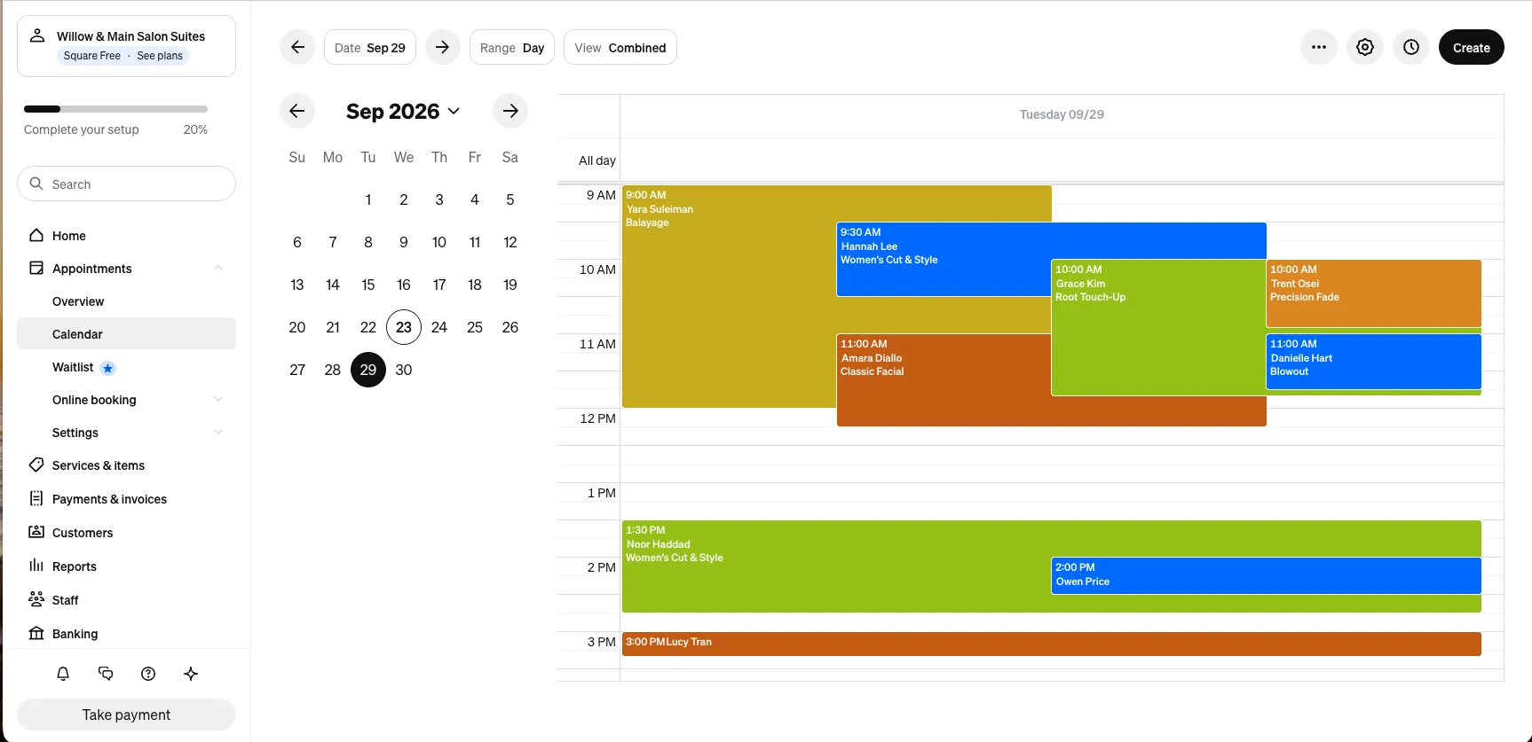 Square Appointments calendar in Combined view showing every provider stacked in one overlapping column with no provider names on the blocks