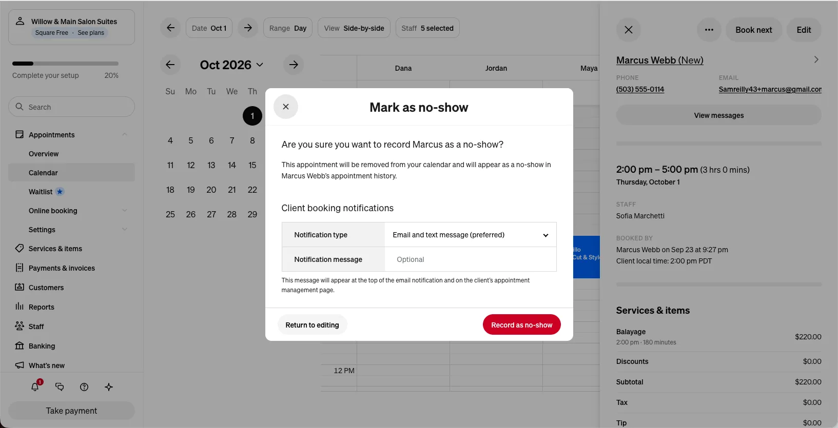 Square Mark as no-show dialog stating the appointment will be removed from your calendar and will appear as a no-show in the client appointment history, with notification options and no fee