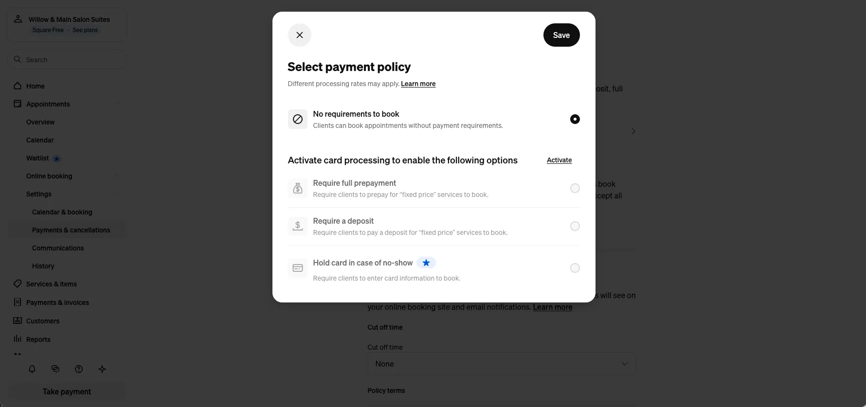 Square payment policy screen with No requirements to book selected, and Require full prepayment, Require a deposit and Hold card in case of no-show greyed out under a header reading Activate card processing to enable the following options