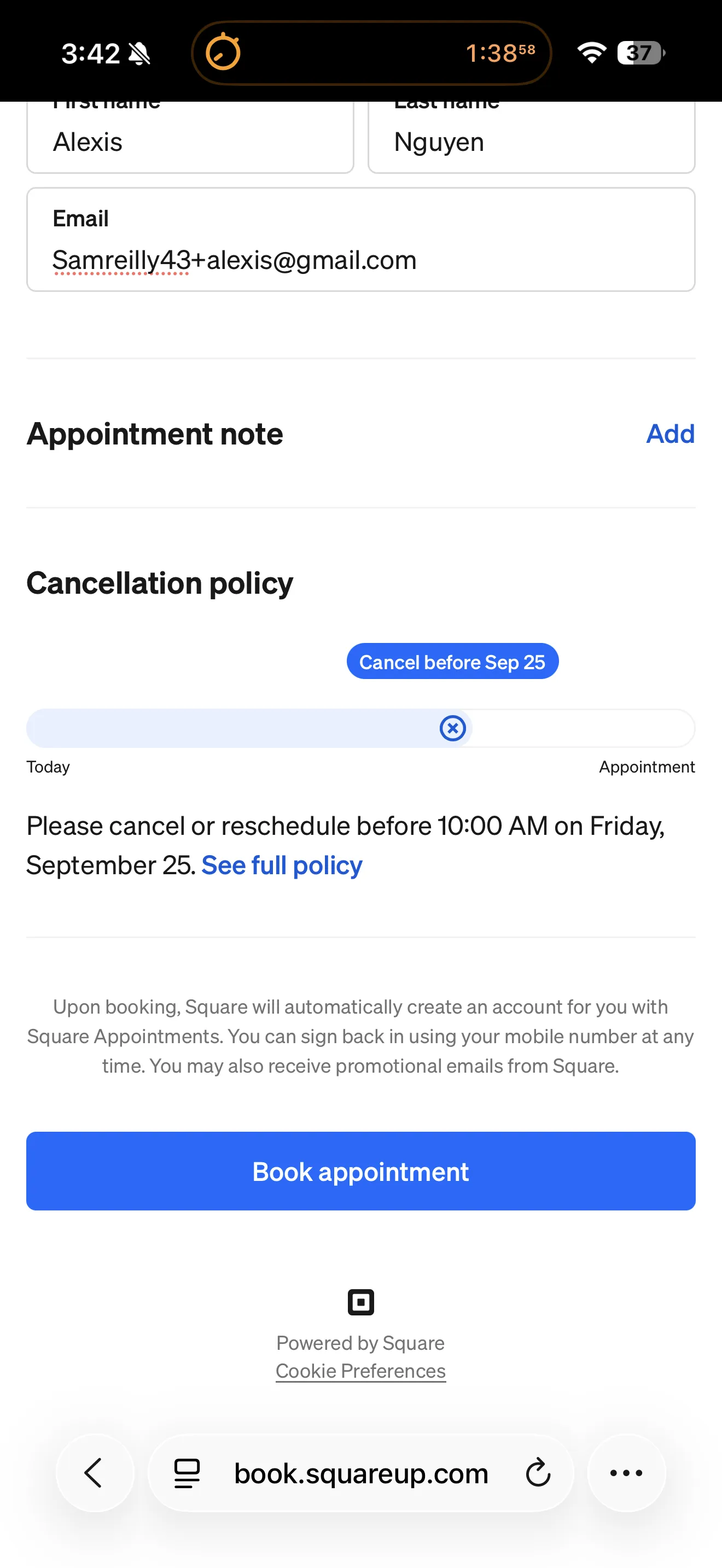 Square booking checkout on a phone showing a timeline bar from Today to Appointment with a pill reading Cancel before Sep 25, the text Please cancel or reschedule before 10:00 AM on Friday September 25, and fine print stating that Square will automatically create an account for you