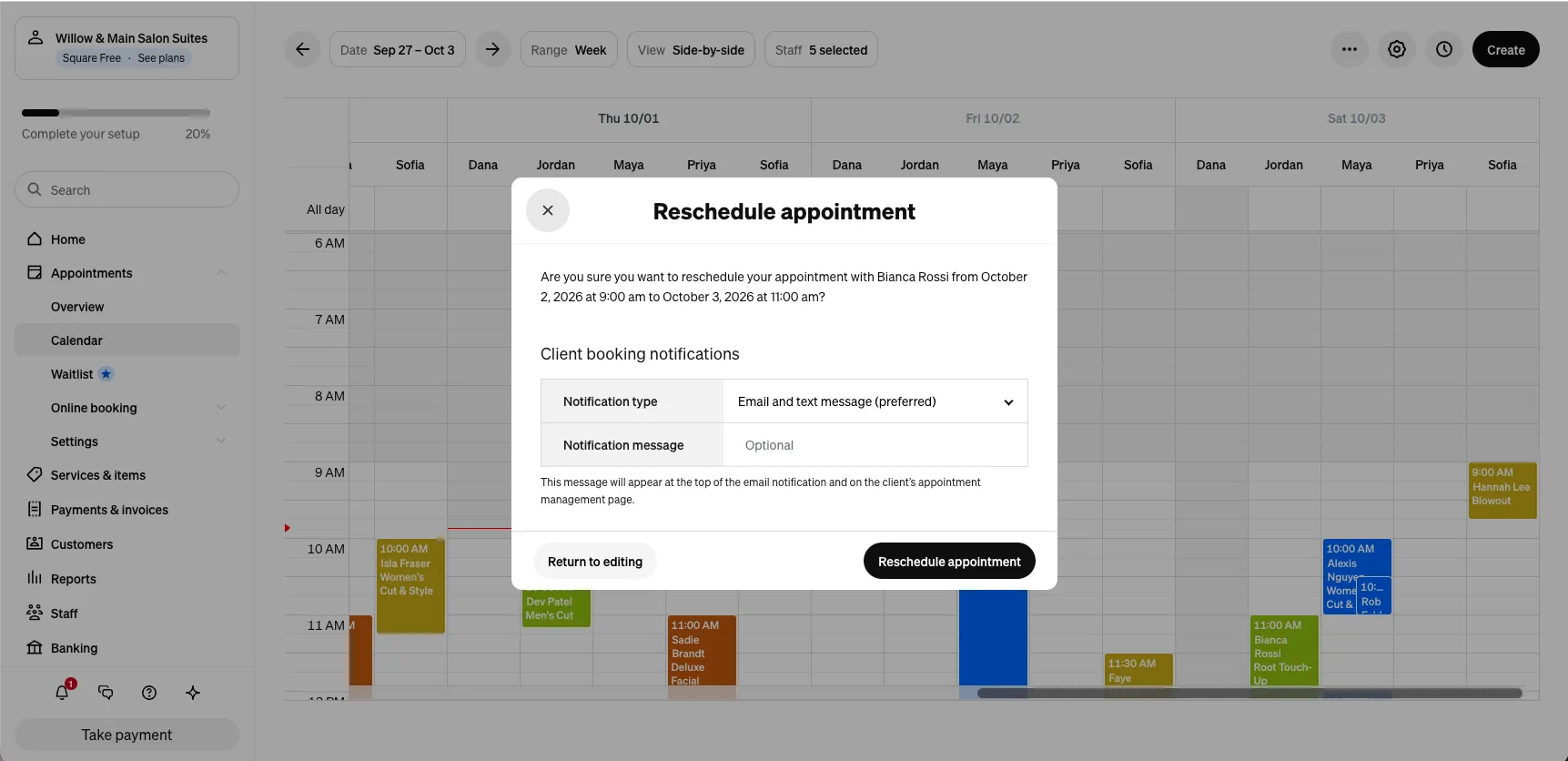 Square reschedule appointment dialog asking are you sure you want to reschedule from October 2 at 9 am to October 3 at 11 am, with client notification options and no mention of a fee or window