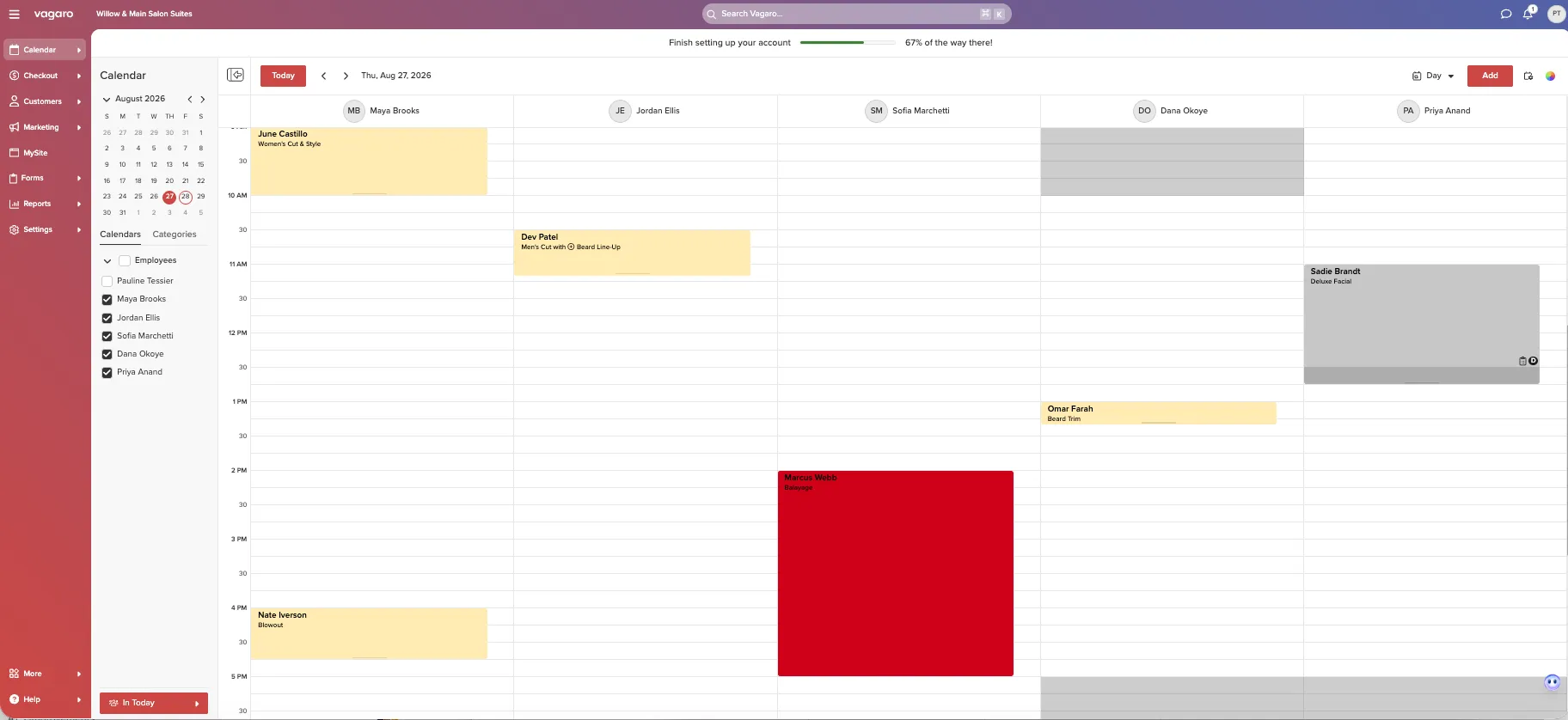 Vagaro day view with five provider columns and a no-show appointment rendered as a solid red block