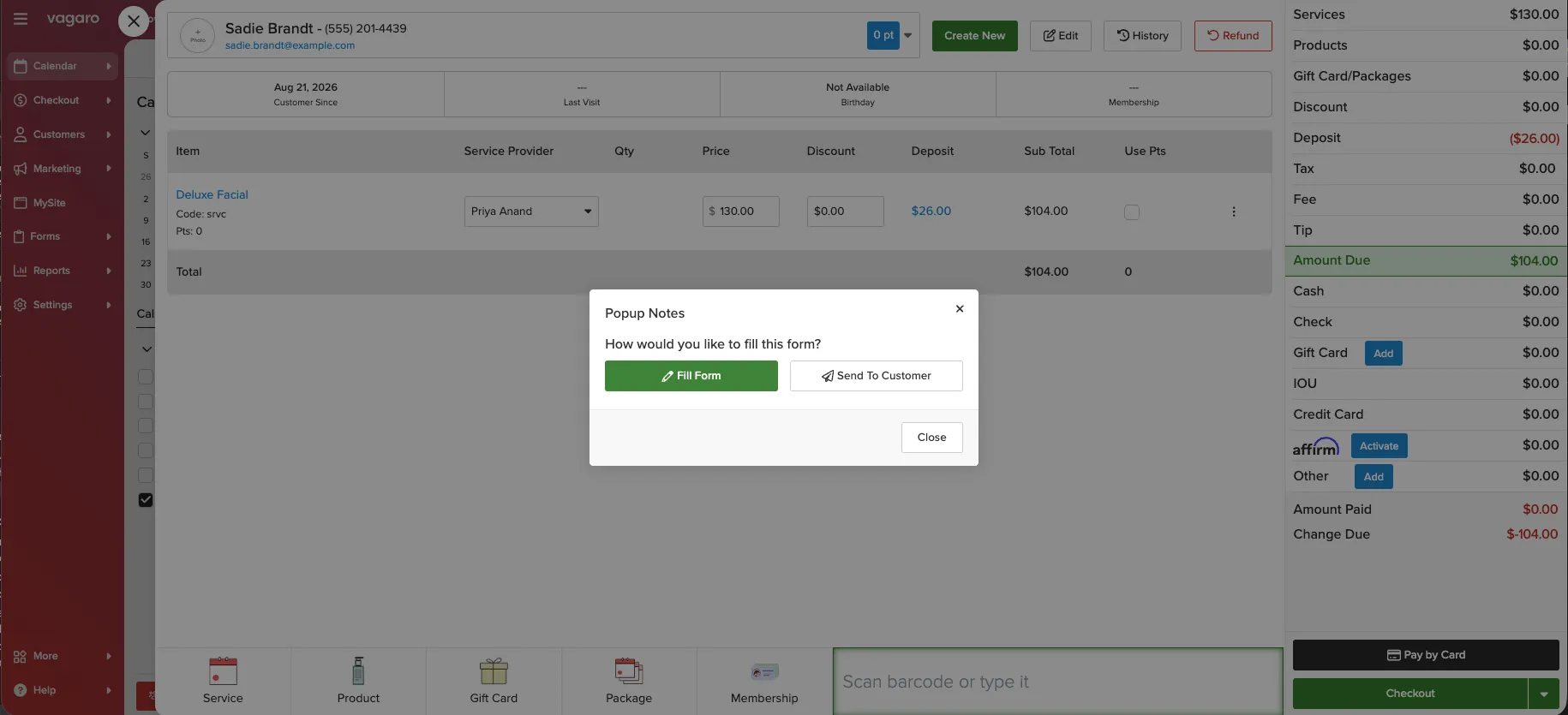 Vagaro checkout showing a $26 deposit automatically applied to a $130 facial, with a prompt offering two ways to complete the client's unfinished intake form