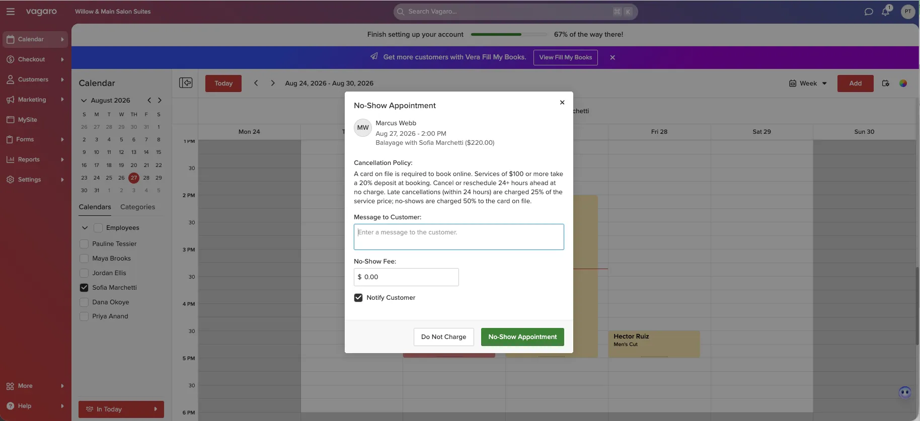 Vagaro no-show modal showing the full cancellation policy text and a no-show fee field defaulting to zero dollars